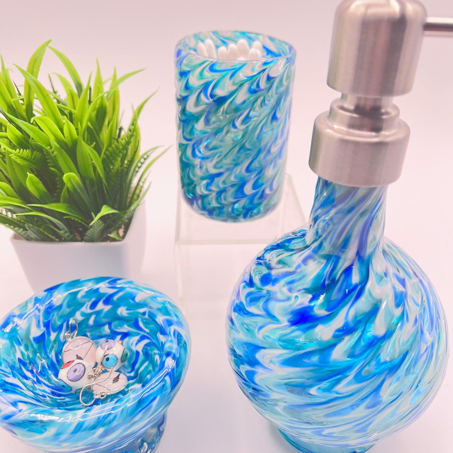 Vanity Set Ocean Waves Blue Mix Marbled Hand Blown Glass Soap Dispenser, glass and bowl