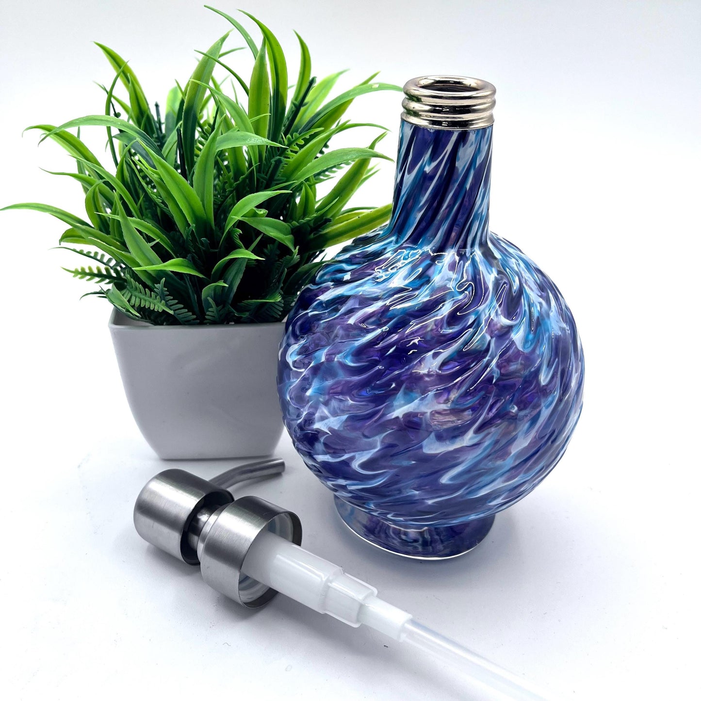 Aqua/Hyacinth Marbled Hand Blown Glass Soap Dispenser