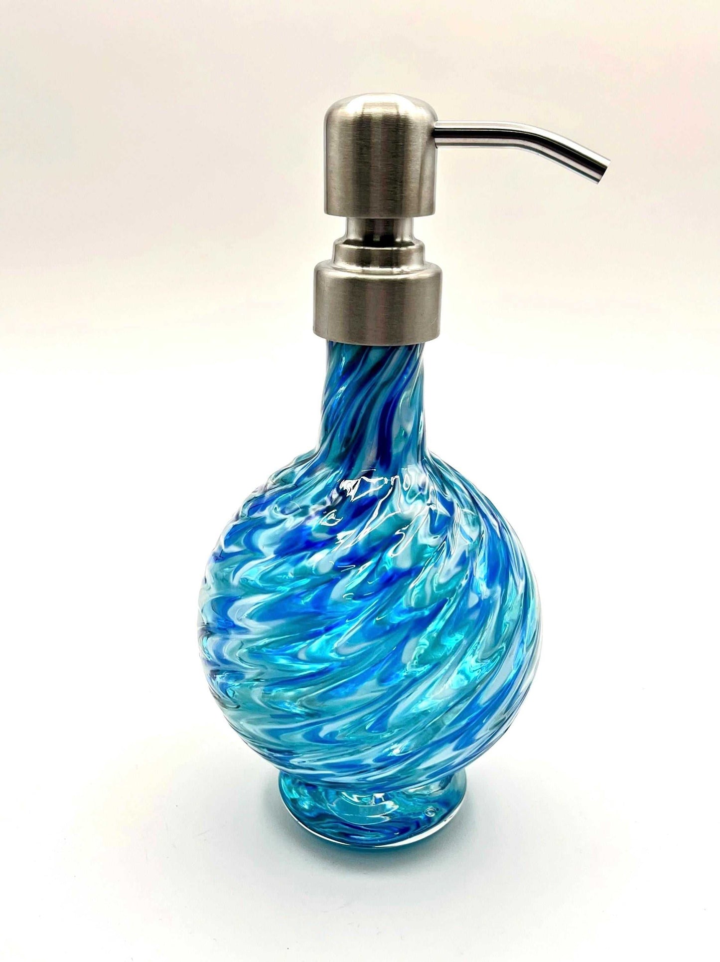 Ocean Mist Blue marbled hand blown glass soap dispenser with stainless steel pump, eco-friendly and refillable design