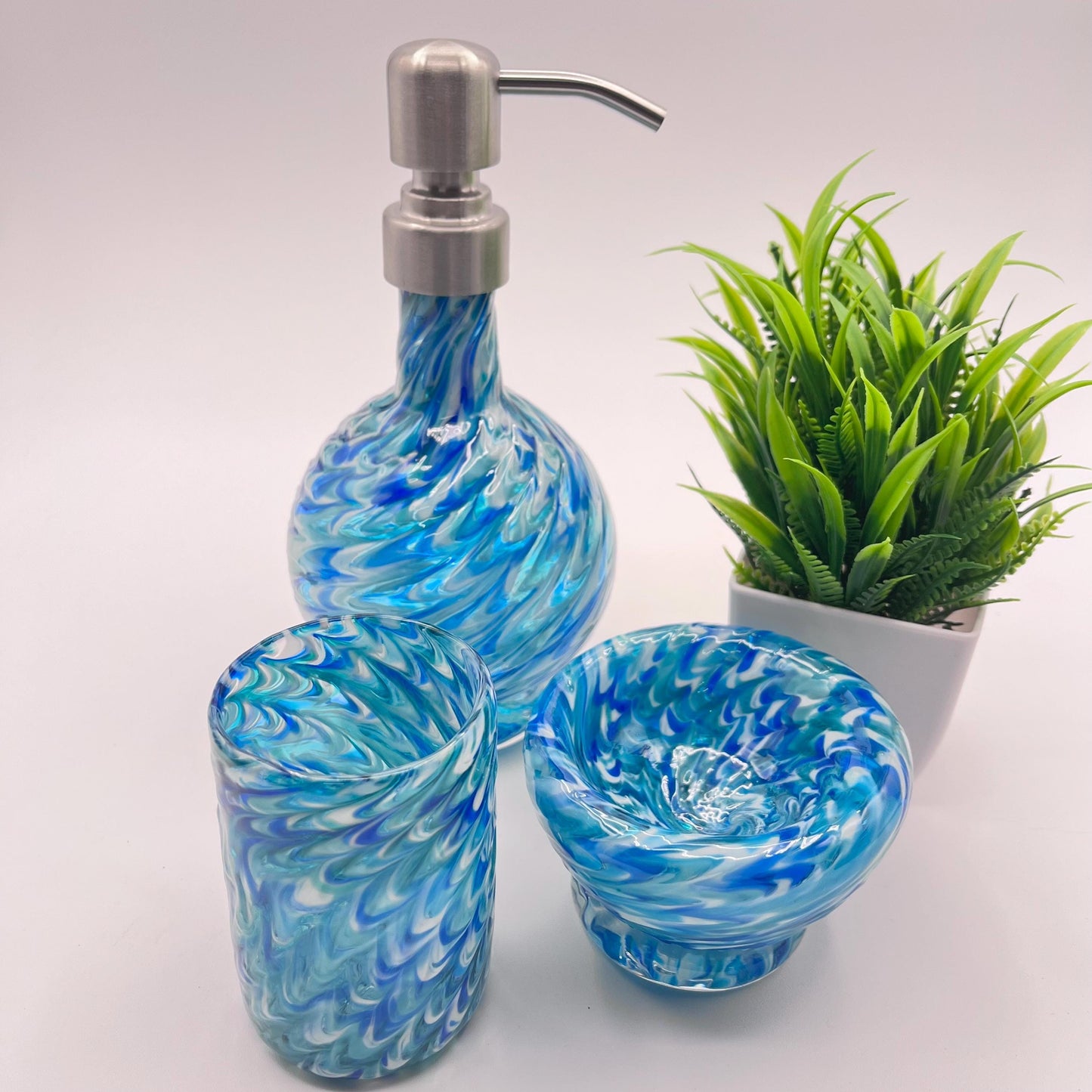 Vanity Set Ocean Waves Blue Mix Marbled Hand Blown Glass Soap Dispenser, glass and bowl