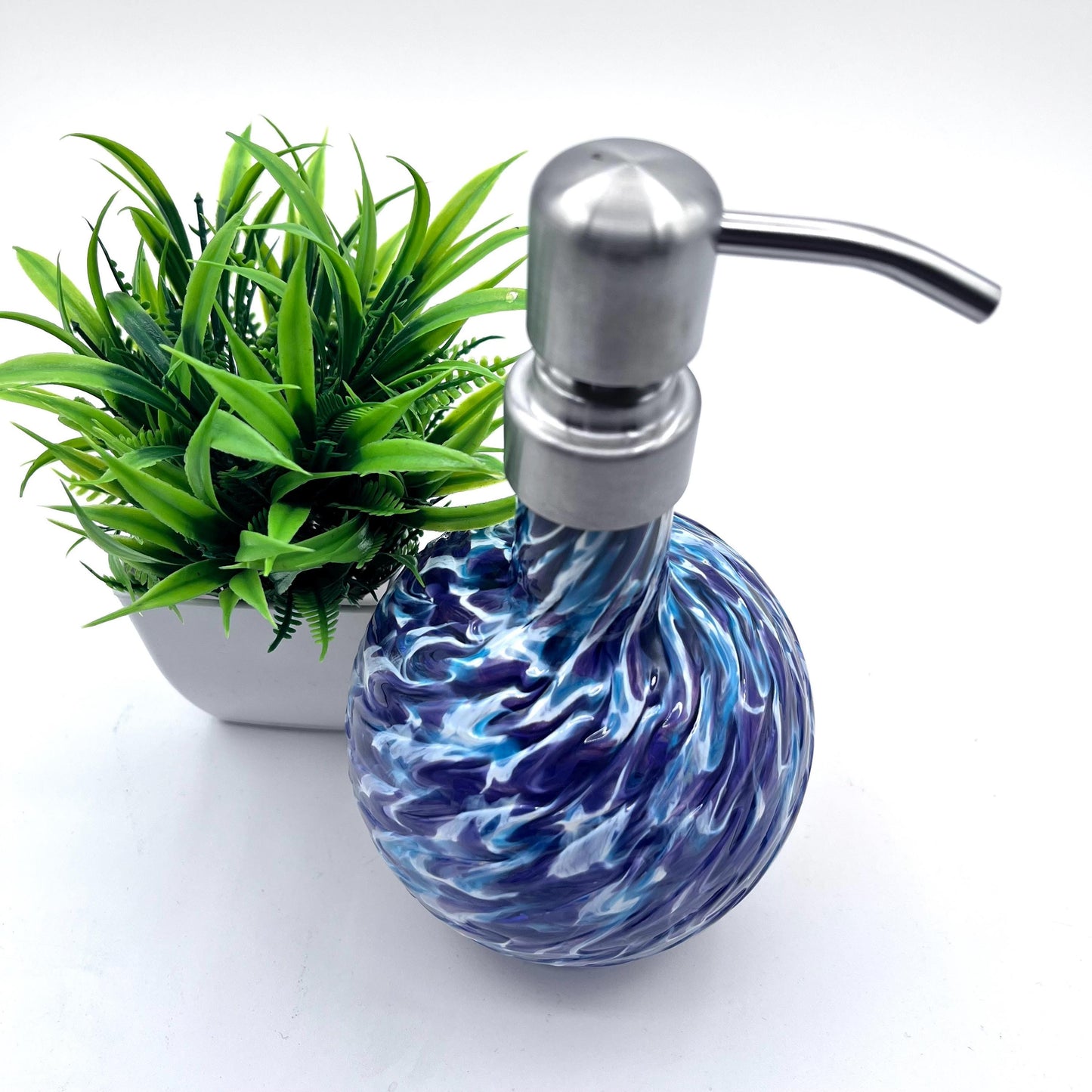 Aqua/Hyacinth Marbled Hand Blown Glass Soap Dispenser