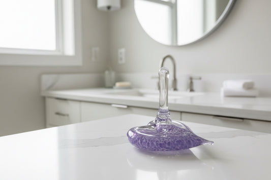 Purple glass ring holder with a white central rod on a light gray background