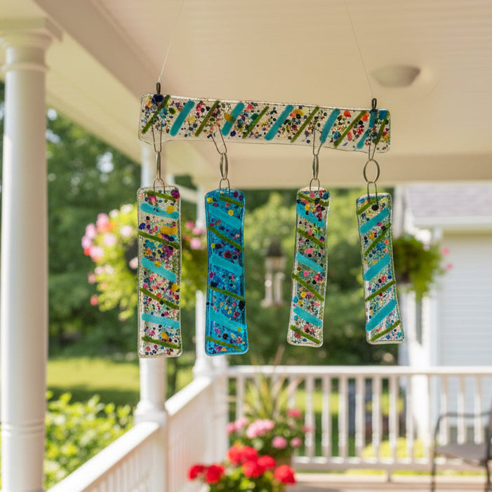colorful fused glass windchimes hanging outdoors by a lake with trees in the background