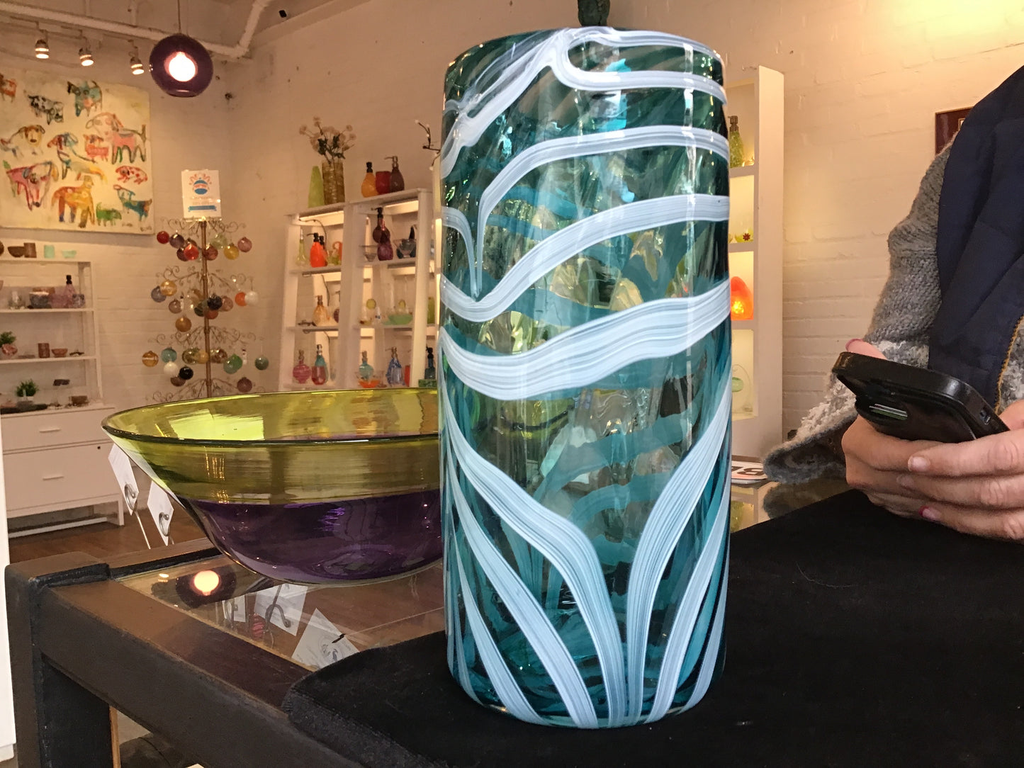 Aqua/white feathered Vase