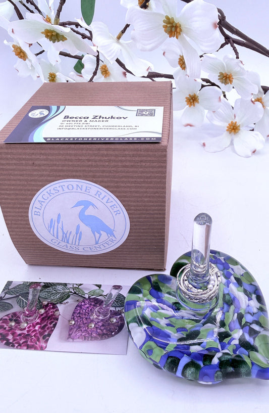 Blue and Green Glass Heart Ring Stand and Jewelry Holder