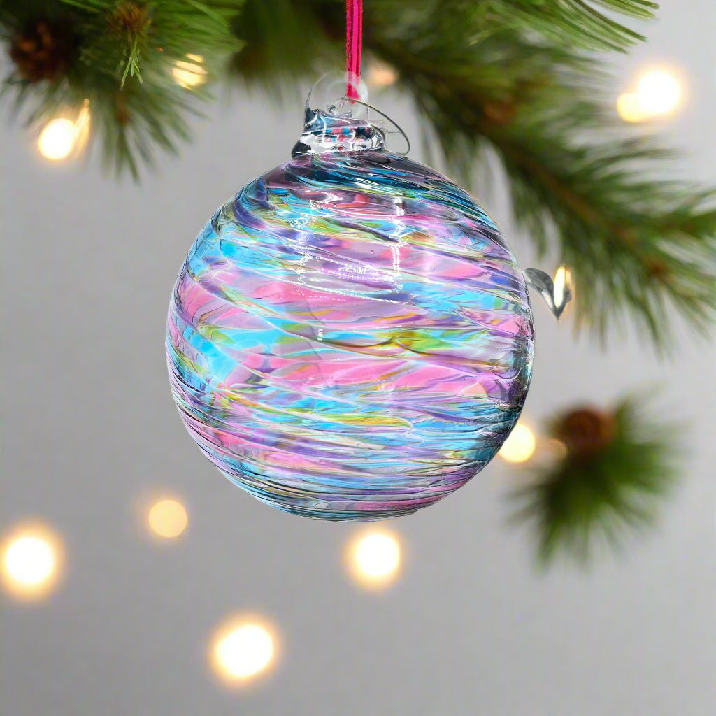 Hand-blown Blue Mix Twist Glass Ornament with vibrant swirls of blue, pink, and icy tones, perfect for holiday decor or year-round display