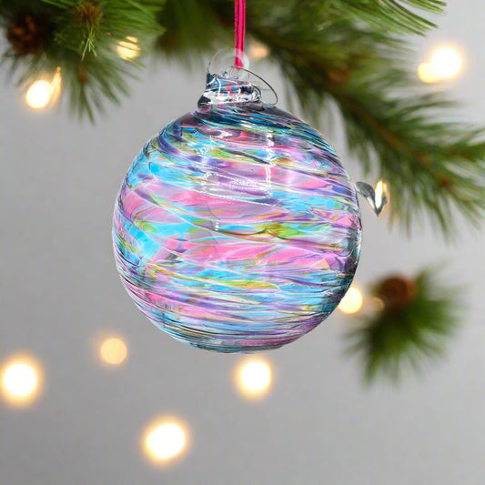 Hand-blown Blue Mix Twist Glass Ornament with vibrant swirls of blue, pink, and icy tones, perfect for holiday decor or year-round display