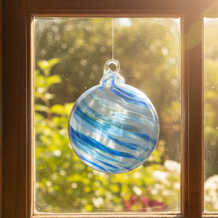Blue and white swirled glass ornament on a white background