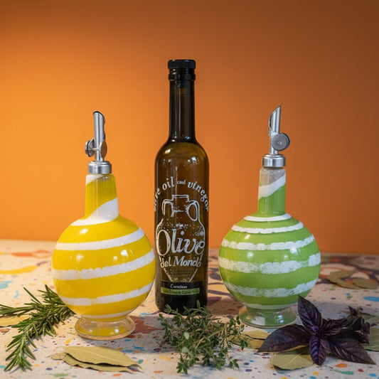 Set of 2 colorful Oil and Vinegar Drizzler Bottles with ergonomic stainless steel pour spouts and decorative striped design