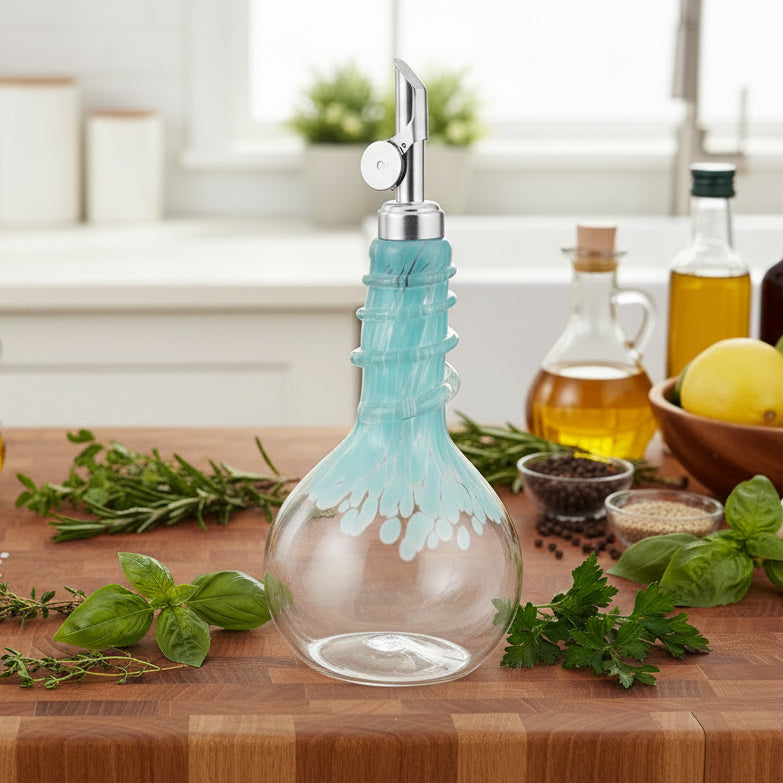 Celadon Oil & Vinegar spiral neck drizzler bottle with weighted pour spout and hand blown glass design