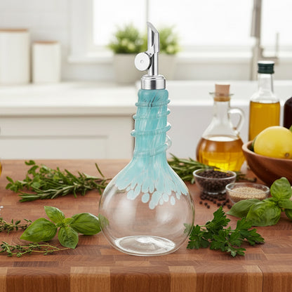 Celadon Oil & Vinegar spiral neck drizzler bottle with weighted pour spout and hand blown glass design