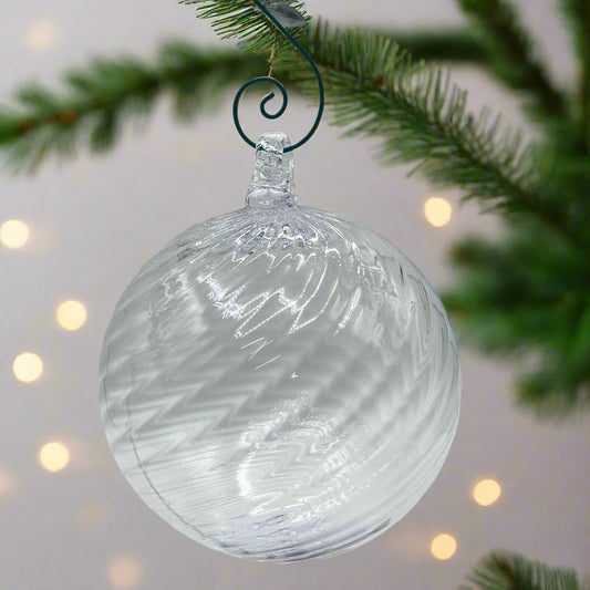 Clear blown glass ornament with spiral twist design, hand blown, 4x4 inches, hanging decoration
