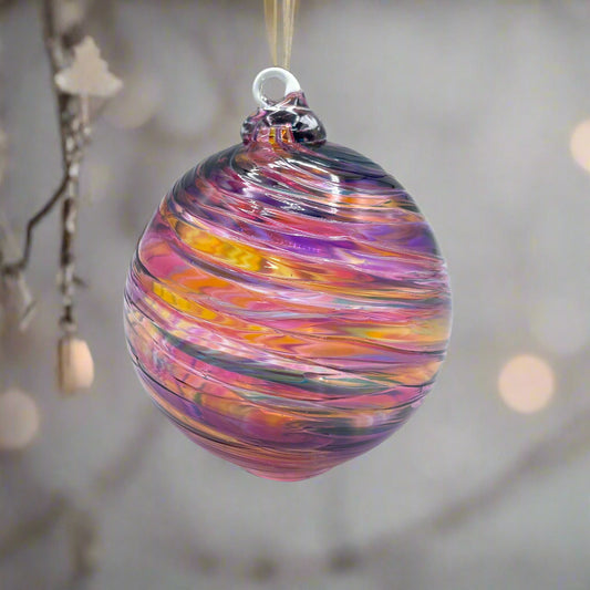 Sunset Spiral Twist hand blown glass ornament with colorful spiral design, 4x4 inches, gift boxed.