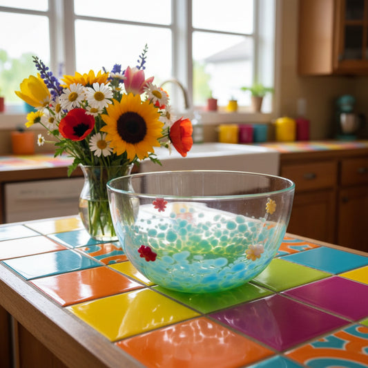 Clear blown glass flower bowl with colorful hand-crafted floral accents and a celadon teal base