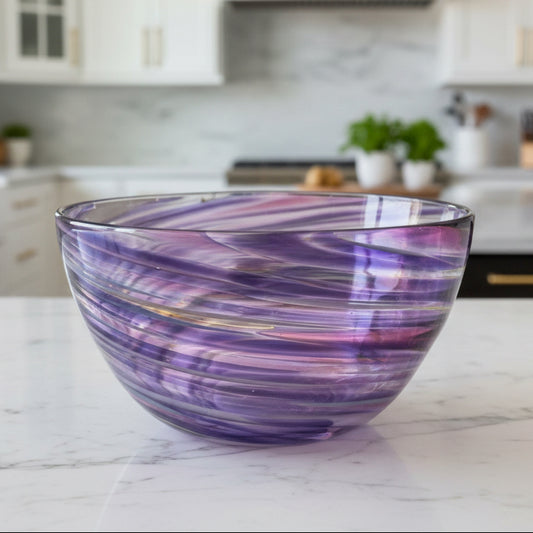 Hand-blown fuschia twist glass bowl with purple and pink swirling design, 6x3 inches, elegant serving dish