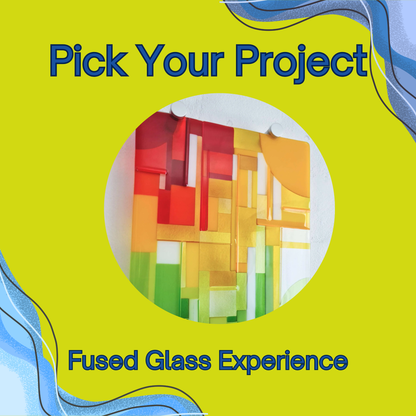 Promotional graphic for a fused glass experience with colorful glass pieces on a yellow background.