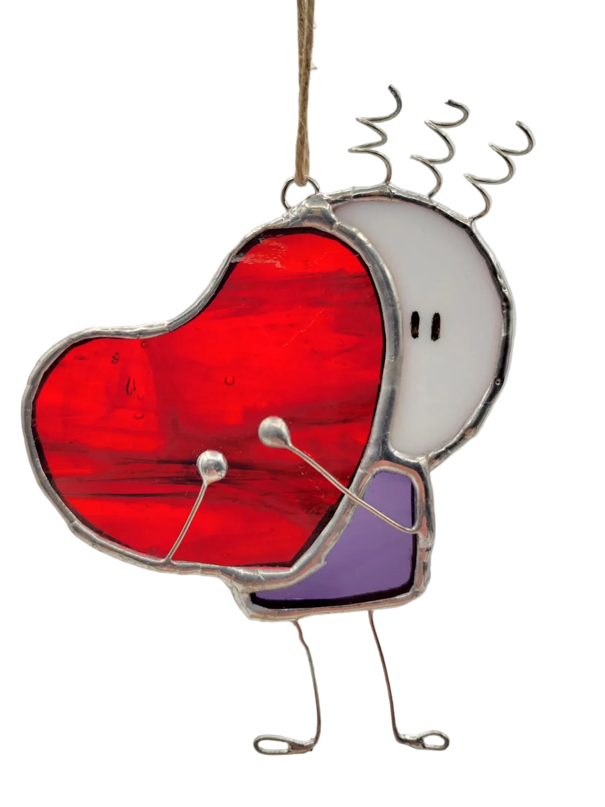 Stained glass heart-shaped character with a red heart on a gray background
