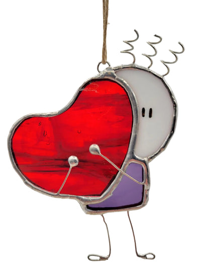Stained glass heart-shaped character with a red heart on a gray background