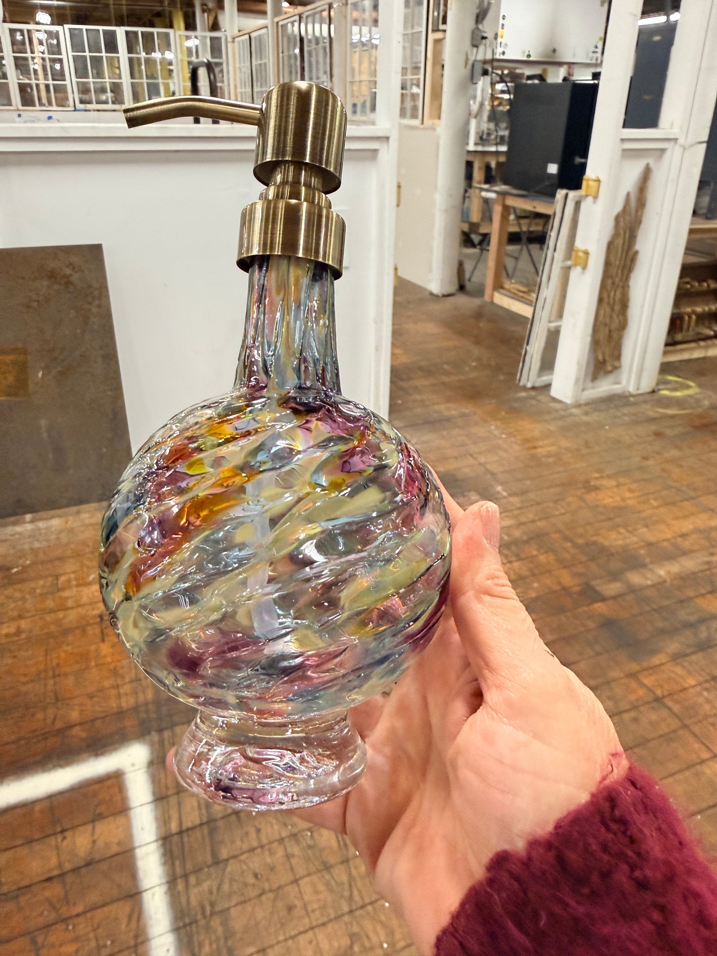 Hand Blown Glass Soap Dispenser – Jewel Tone Artisan Kitchen or Bathroom Pump Bottle