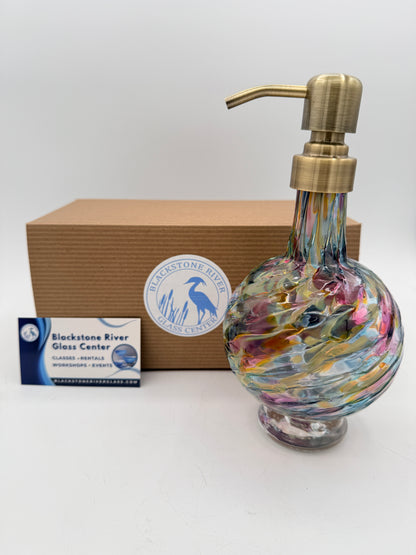 Hand Blown Glass Soap Dispenser – Jewel Tone Artisan Kitchen or Bathroom Pump Bottle