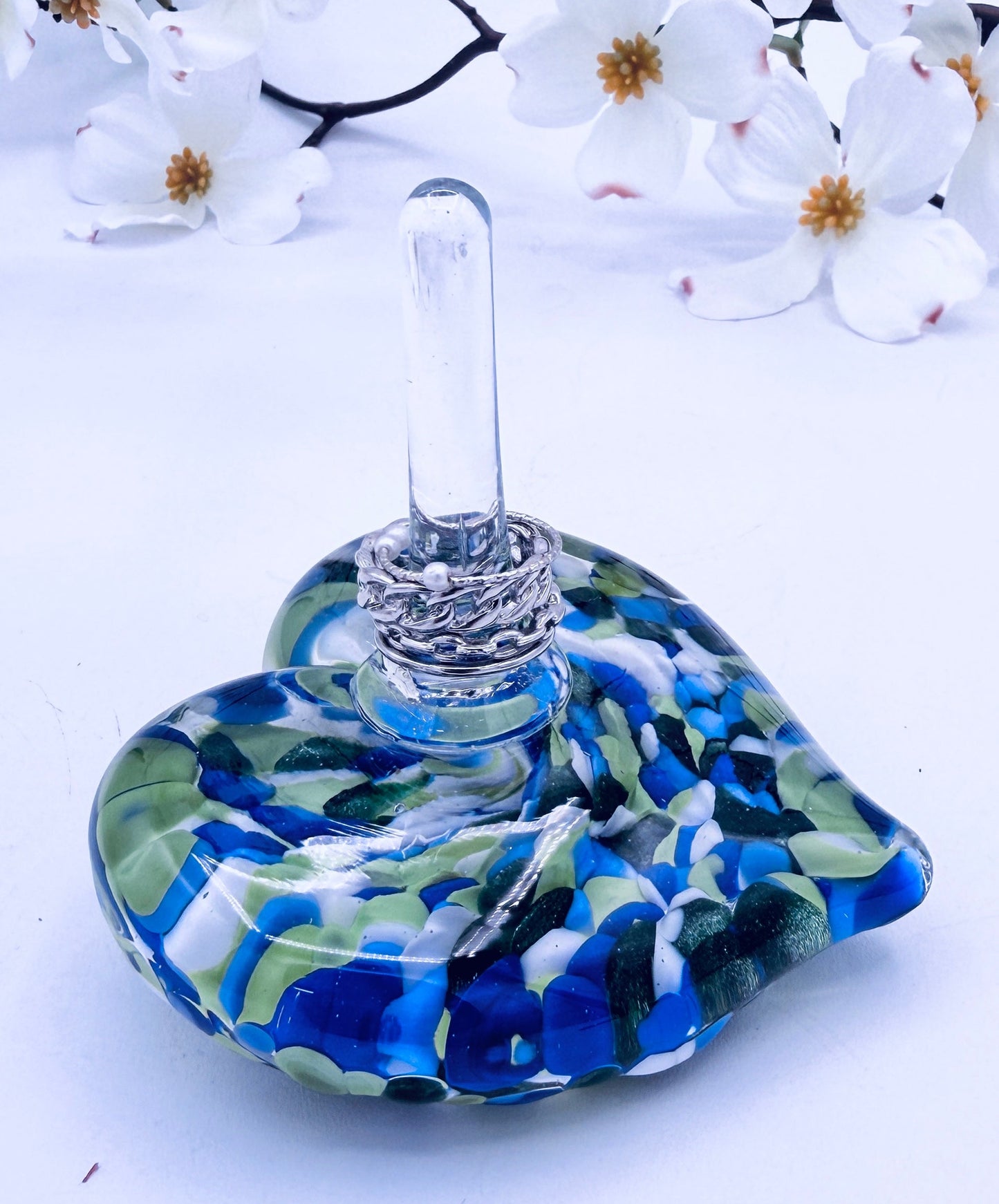 Blue and Green Glass Heart Ring Stand and Jewelry Holder