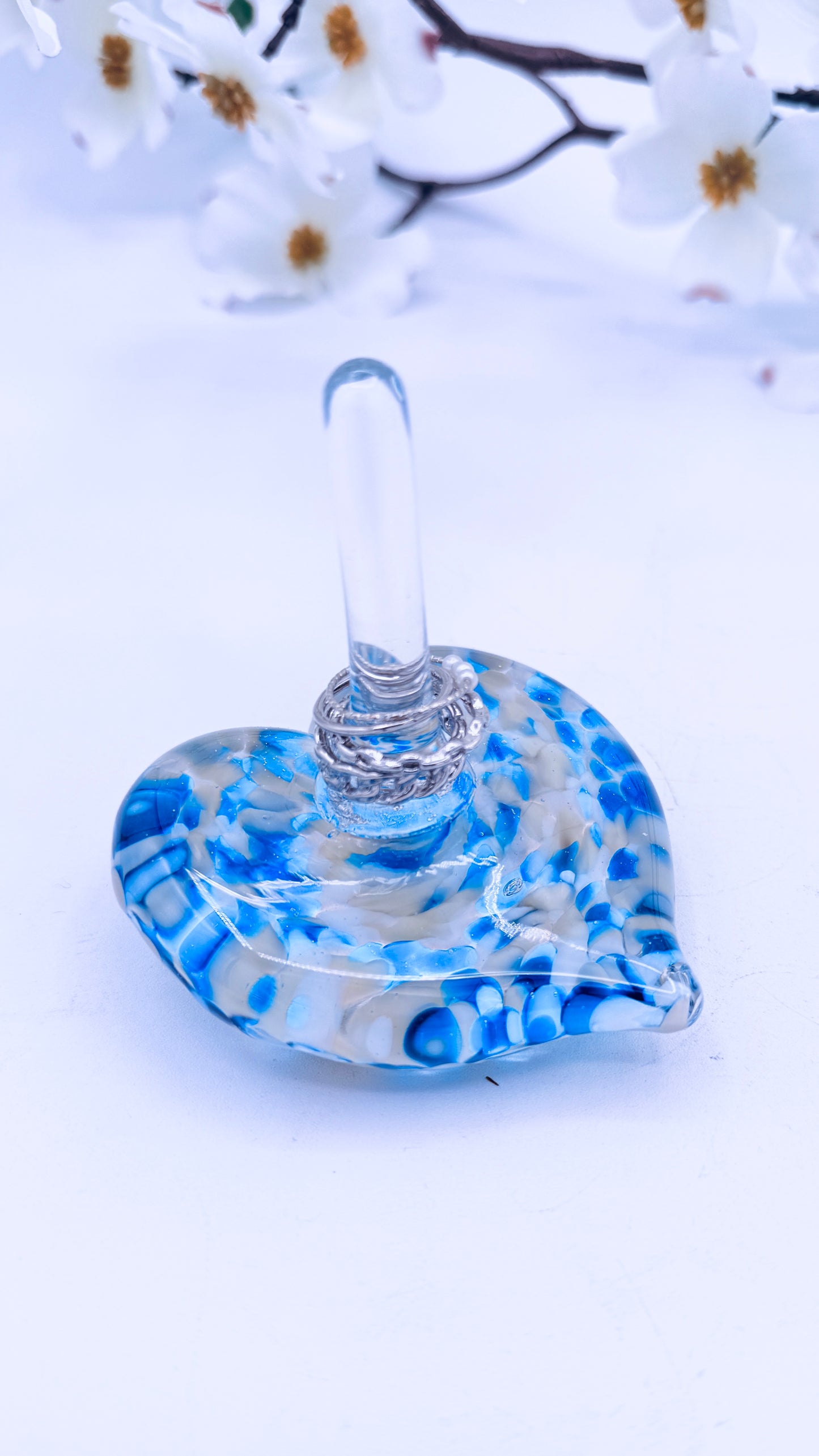 Hand Blown Glass Ring Holder – Aqua & White Heart Jewelry Stand | Handmade Glass Ring Dish