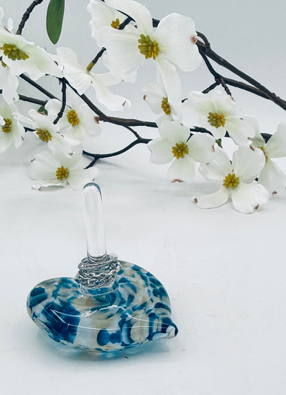 Hand Blown Glass Ring Holder – Aqua & White Heart Jewelry Stand | Handmade Glass Ring Dish