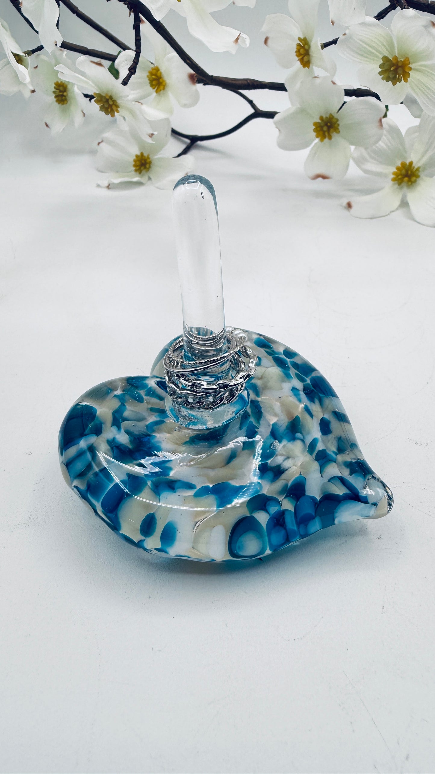 Hand Blown Glass Ring Holder – Aqua & White Heart Jewelry Stand | Handmade Glass Ring Dish