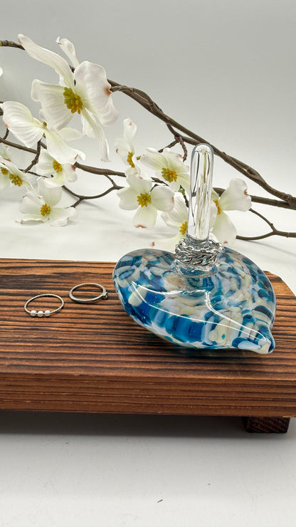 Hand Blown Glass Ring Holder – Aqua & White Heart Jewelry Stand | Handmade Glass Ring Dish