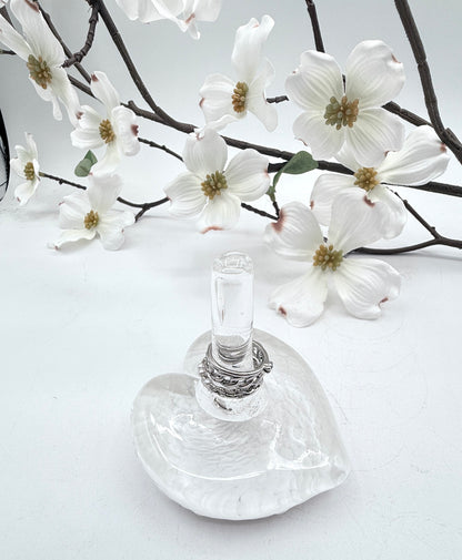 Hand Blown Glass Ring Holder – White Heart Jewelry Stand | Handmade Glass Ring Dish