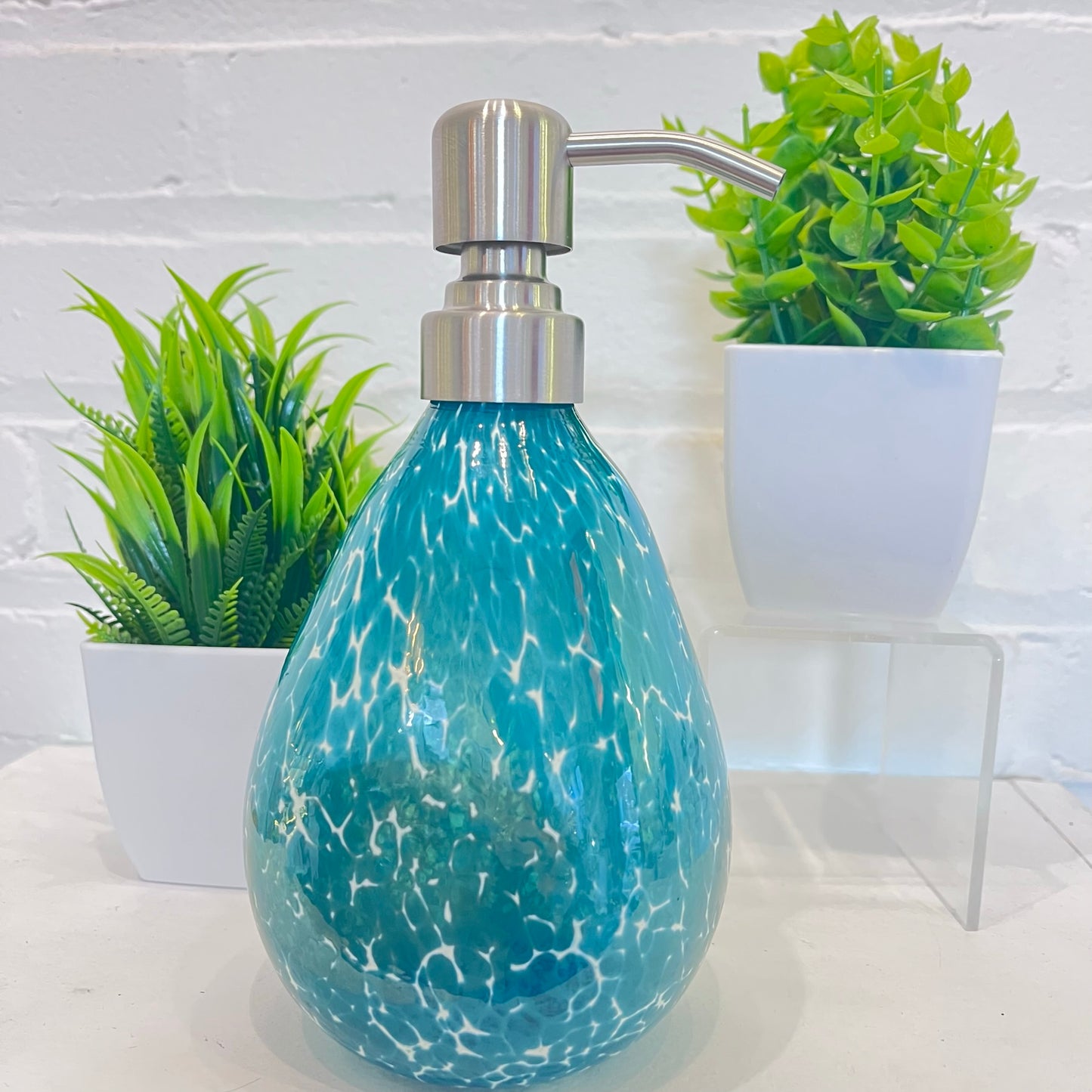 Hand Blown Glass Teal Speckled Soap Dispenser