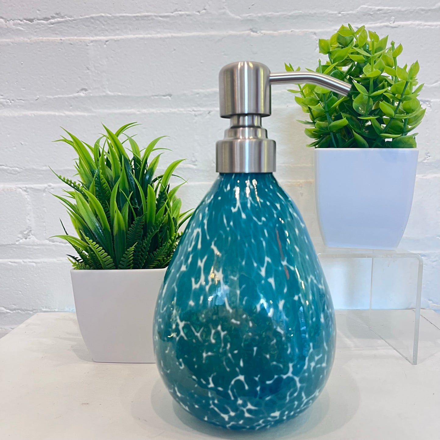 Hand Blown Glass Teal Speckled Soap Dispenser
