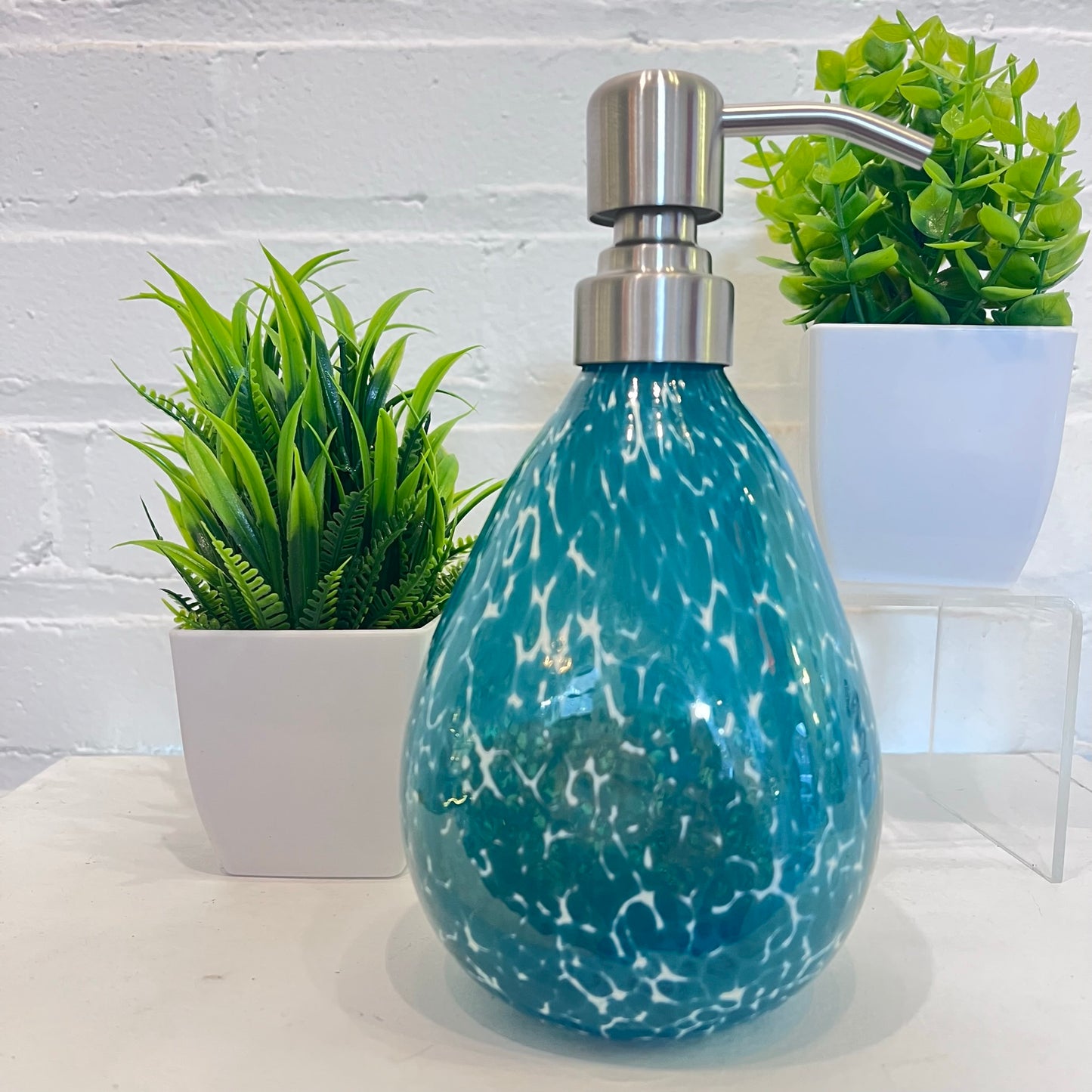 Hand Blown Glass Teal Speckled Soap Dispenser