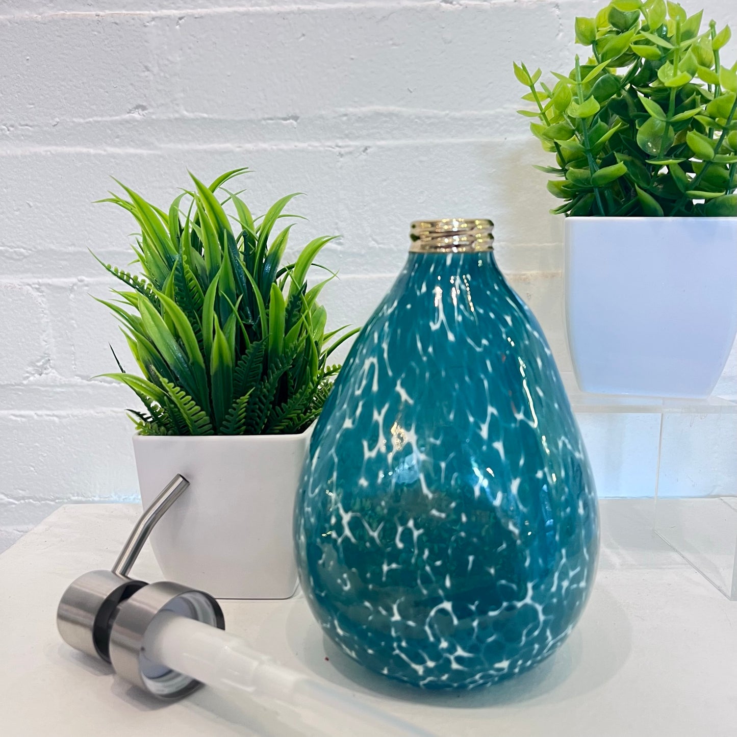 Hand Blown Glass Teal Speckled Soap Dispenser