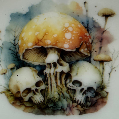 A square white ceramic plate featuring a detailed hand-painted illustration of a large red-and-white spotted mushroom, two skulls, and smaller mushrooms in a watercolor-style forest design.