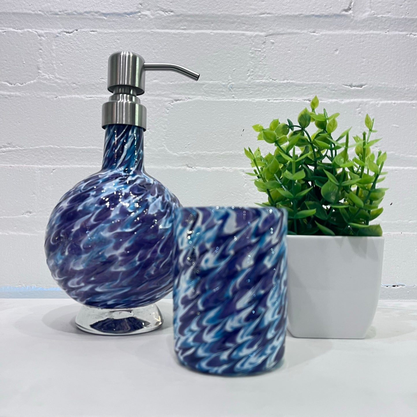 Vanity Set Purple/Aqua Marbled Hand Blown Glass Soap Dispenser, Glass and Bowl