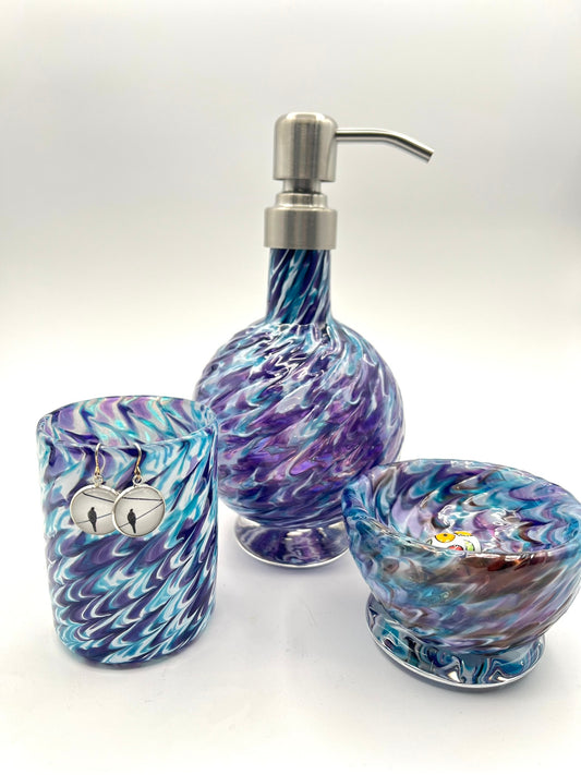 Vanity Set Purple/Aqua Marbled Hand Blown Glass Soap Dispenser, Glass and Bowl