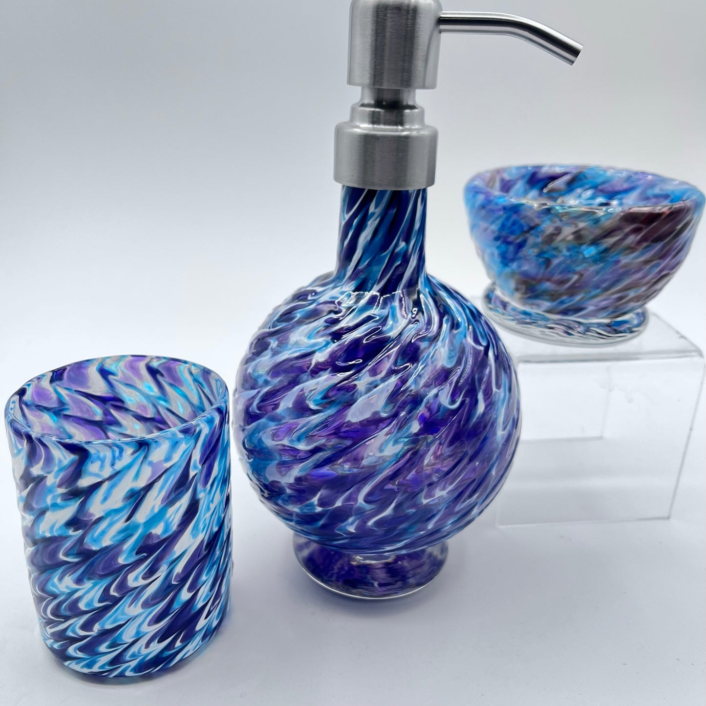 Vanity Set Purple/Aqua Marbled Hand Blown Glass Soap Dispenser, Glass and Bowl