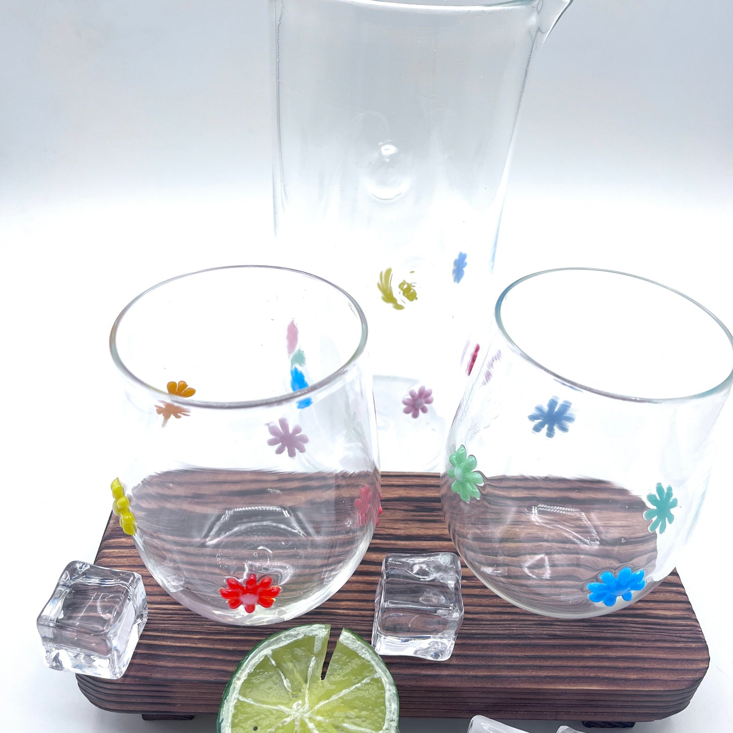 Hand Blown Stemless Wine Glass Set and Pitcher| Made in Rhode Island.