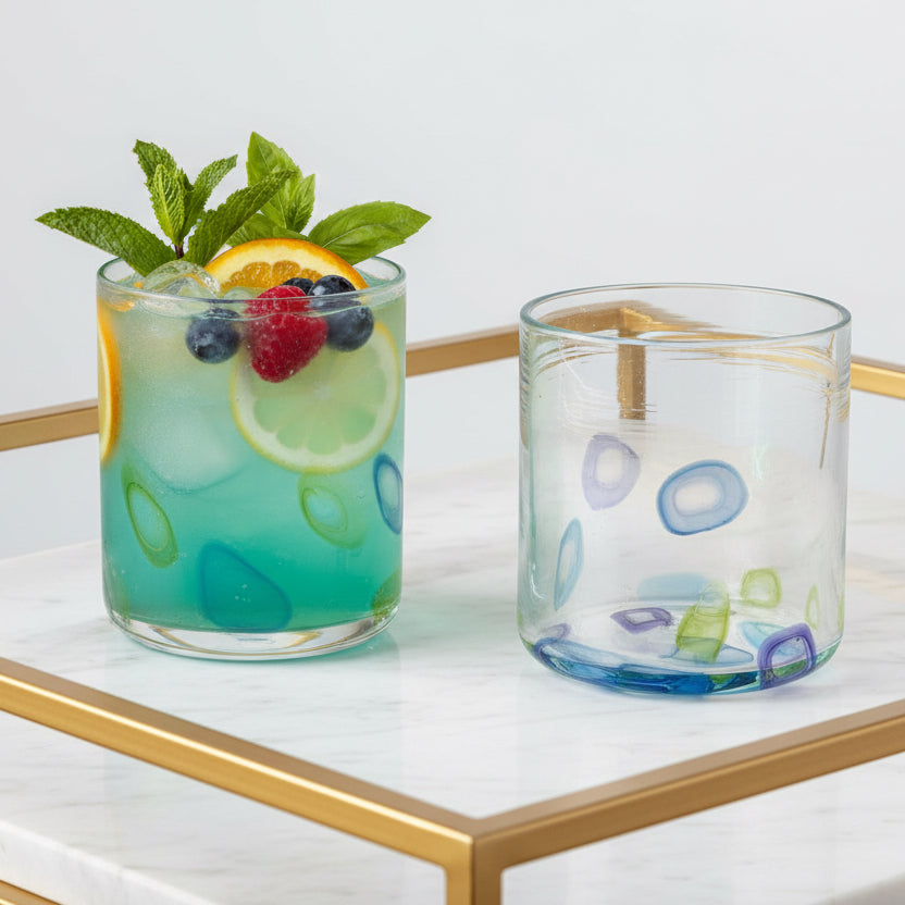Spring Fling Set of two hand blown low ball glasses with colorful murrini patterns in citron, hyacinth, and bluestone colors.