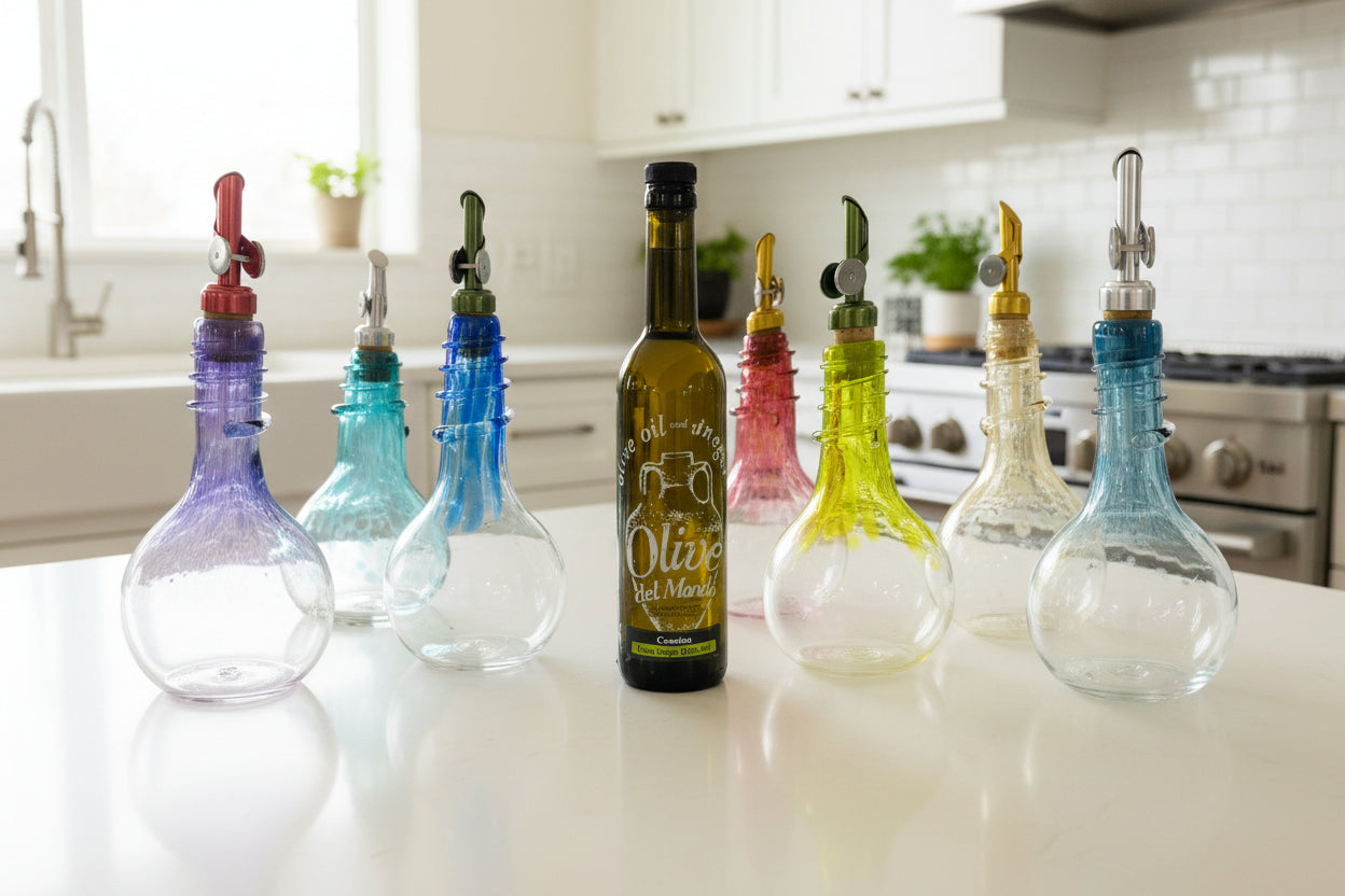 Set of glass bottles with colorful nozzles on a white background