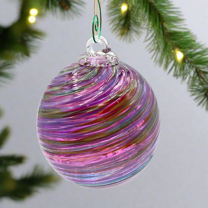 Rhubarb Spiral Twist hand blown glass ornament with purple spiral design, 4x4 inches, decorative Friendship Ball hanging ornament