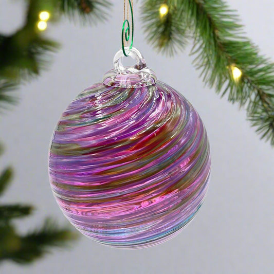 Rhubarb Spiral Twist hand blown glass ornament with purple spiral design, 4x4 inches, decorative Friendship Ball hanging ornament