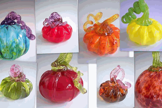 Colorful handmade mini glass pumpkins with intricate twisted stems for Make Your Own Mini Pumpkin class