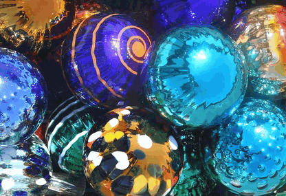 Colorful handmade glass ornaments showcasing unique bubble patterns for Make Your Own Ornament workshop