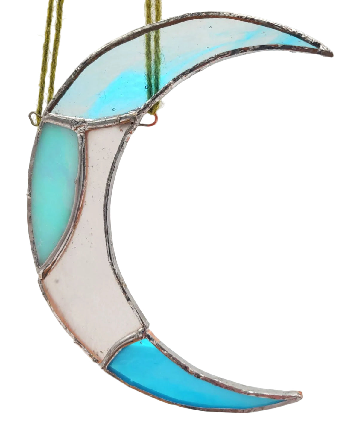 Stained glass moon-shaped ornament with blue and clear glass on a white background
