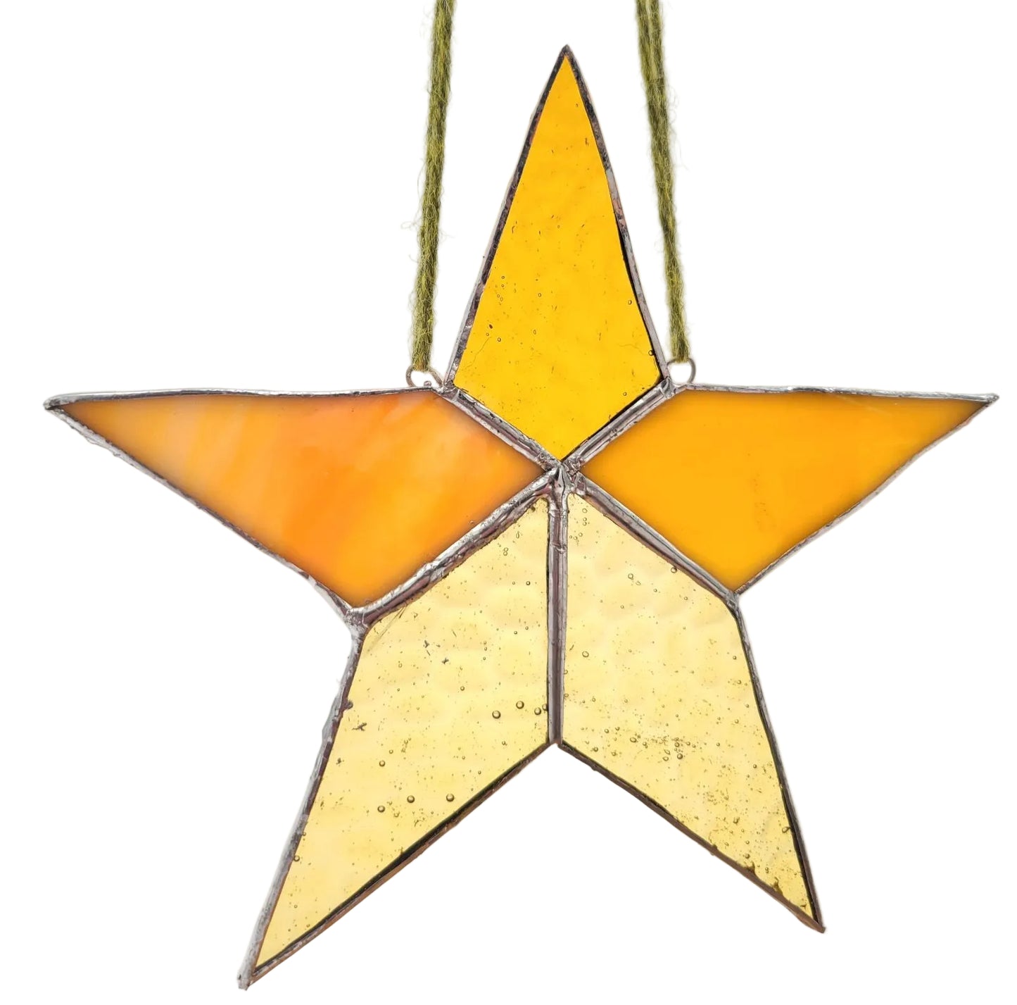 Star-shaped stained glass ornament with orange and yellow colors on a white background