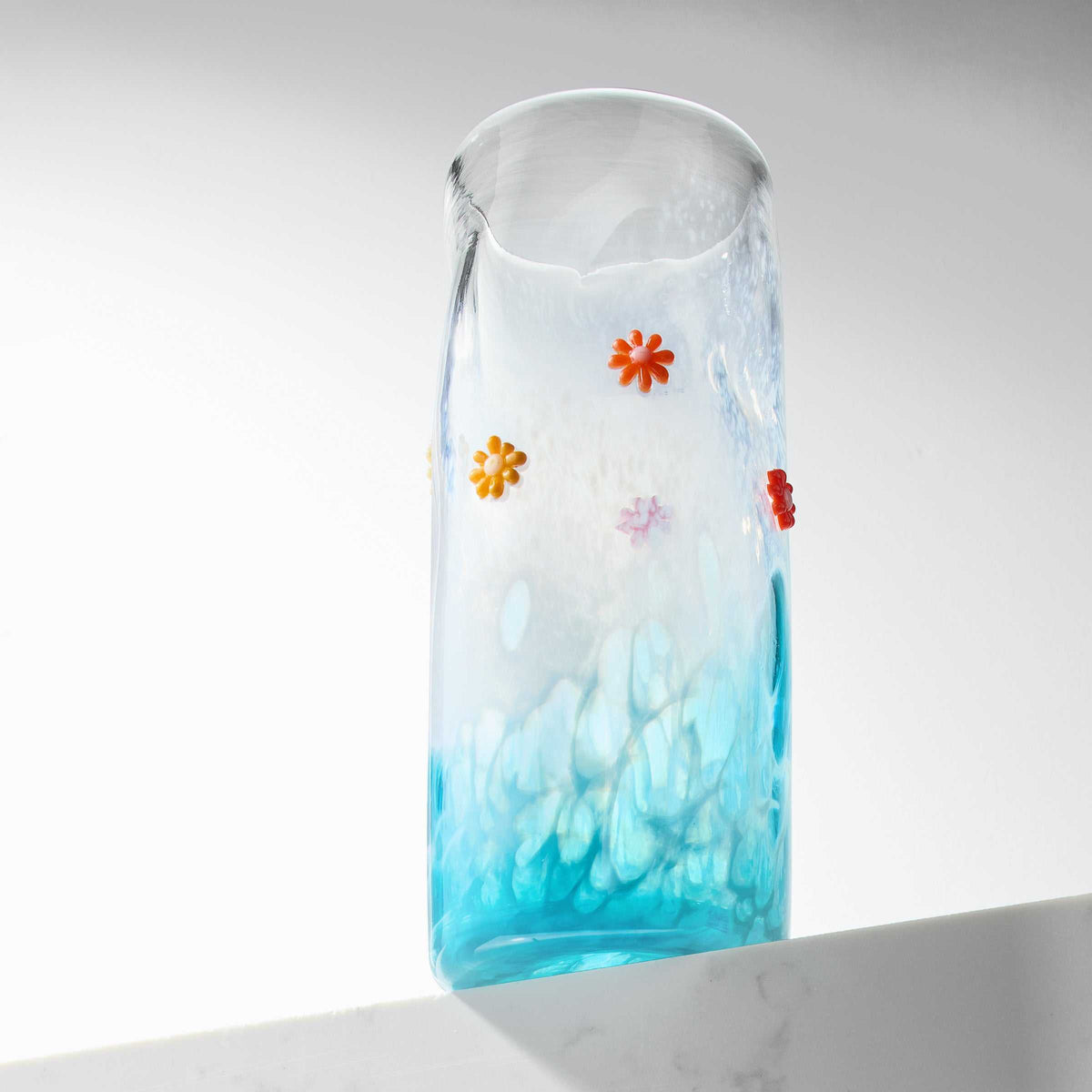 Hand blown flower art glass vase with blue base and colorful glass flowers decoration