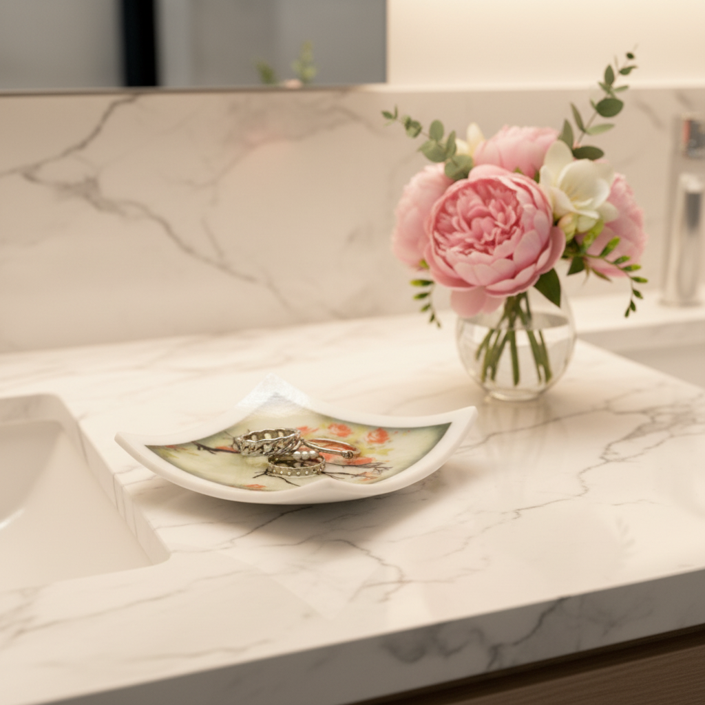A small curved white glass dish with a floral print and three rings placed on top, set on a light wood table in a softly blurred room.