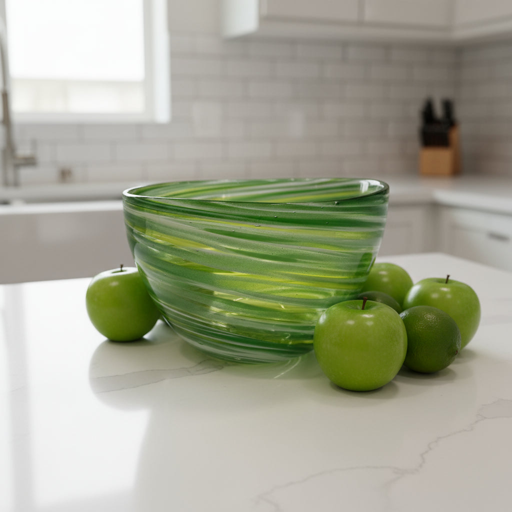 Green glass bowl on a white pedestal against a gray background